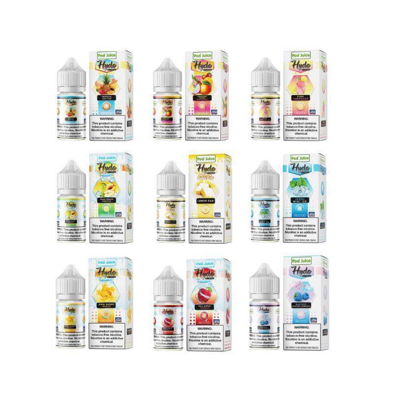 Variety of Hyde Pod Juice e-liquids in colorful packaging, ideal for sub-ohm vaping.