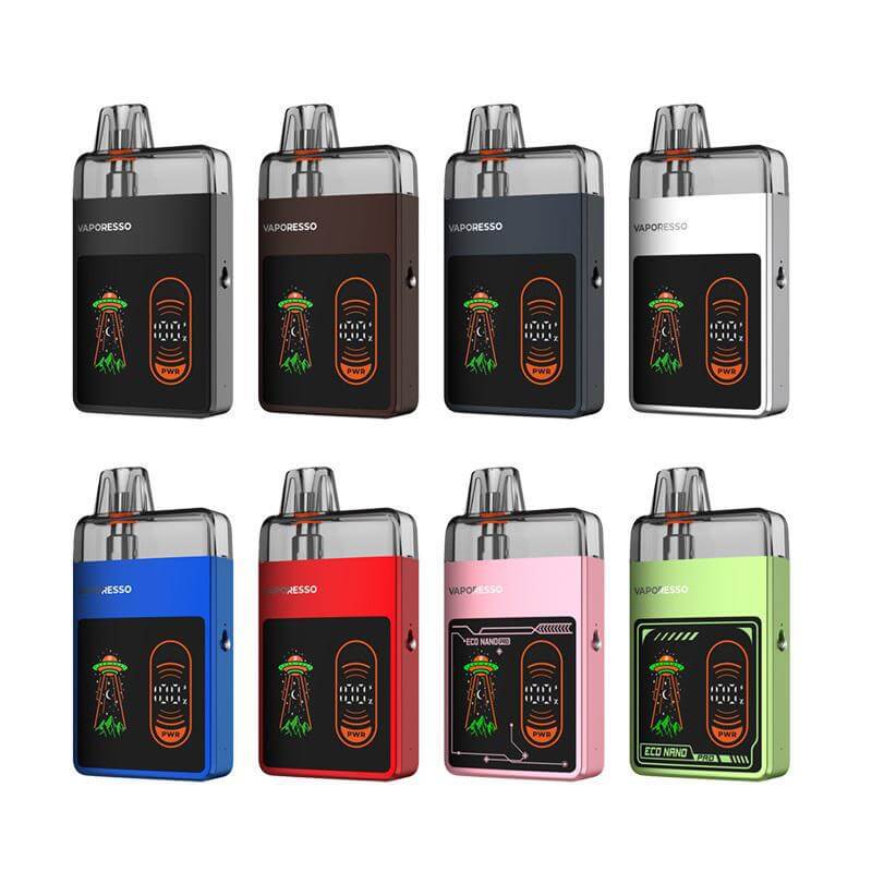 Vaporesso Eco Nano Pro vape devices in various colors, showcasing smooth taste and advanced features.