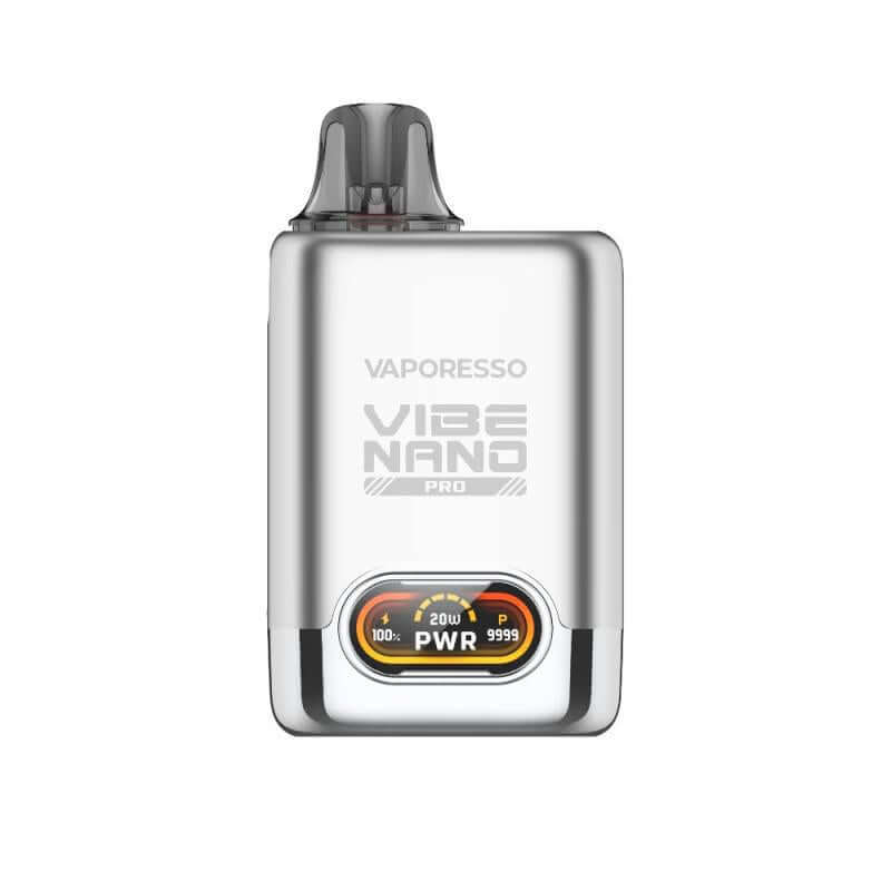 Vaporesso Vibe Nano Pro Pod Kit in silver with a digital display for wattage and modes.
