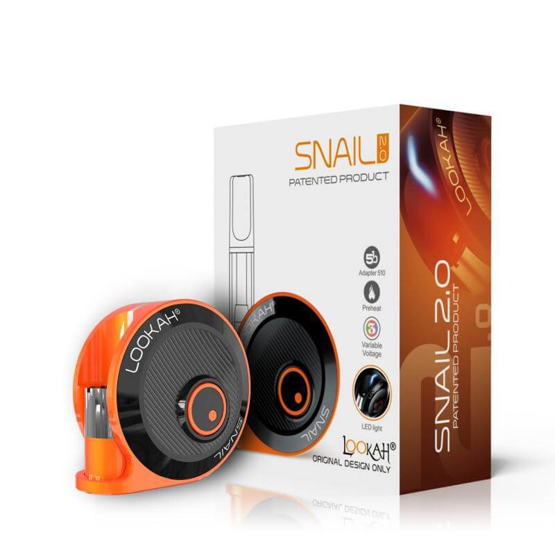 Lookah Snail 2.0 Battery in orange with packaging displaying features and functions; compact and portable design.