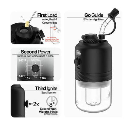 Yocan Black Go Vaporizer user guide showing setup steps: loading, power settings, and session start.