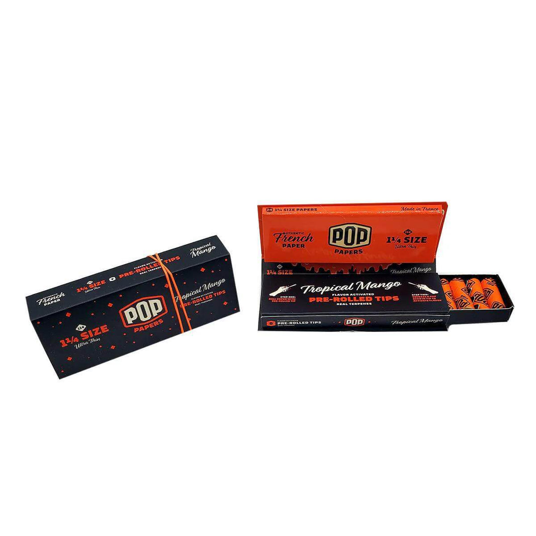 Pop Papers 1 1/4 size flavored rolling papers and pre-rolled tropical mango tips packaging.