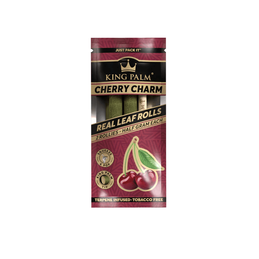 King Palm Cherry Charm 2pc Rollies pack, infused with cherry flavor, featuring all-natural hemp wraps.