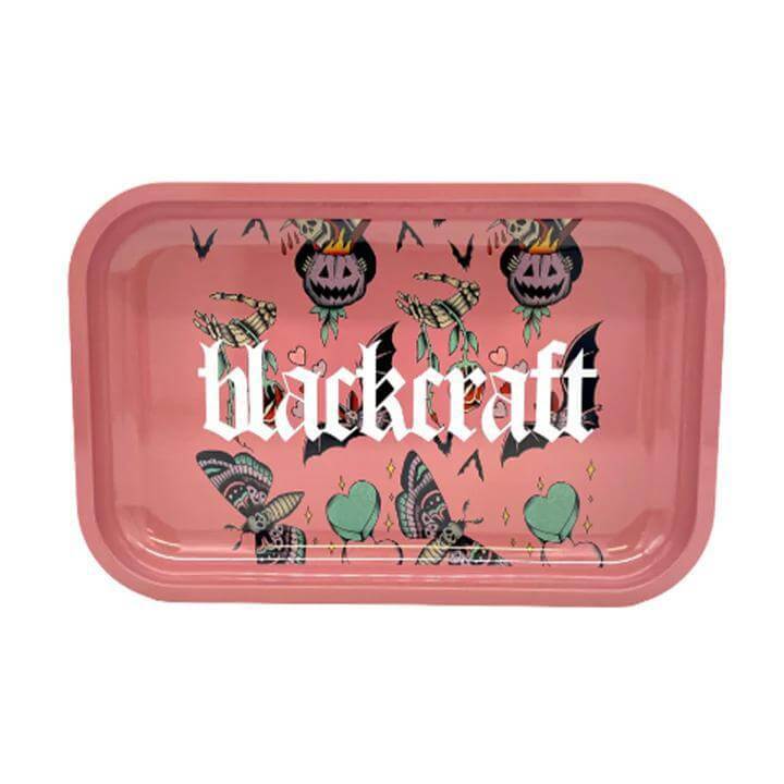 Blackcraft medium rolling tray with colorful butterfly and pumpkin designs, perfect for rolling herbs.