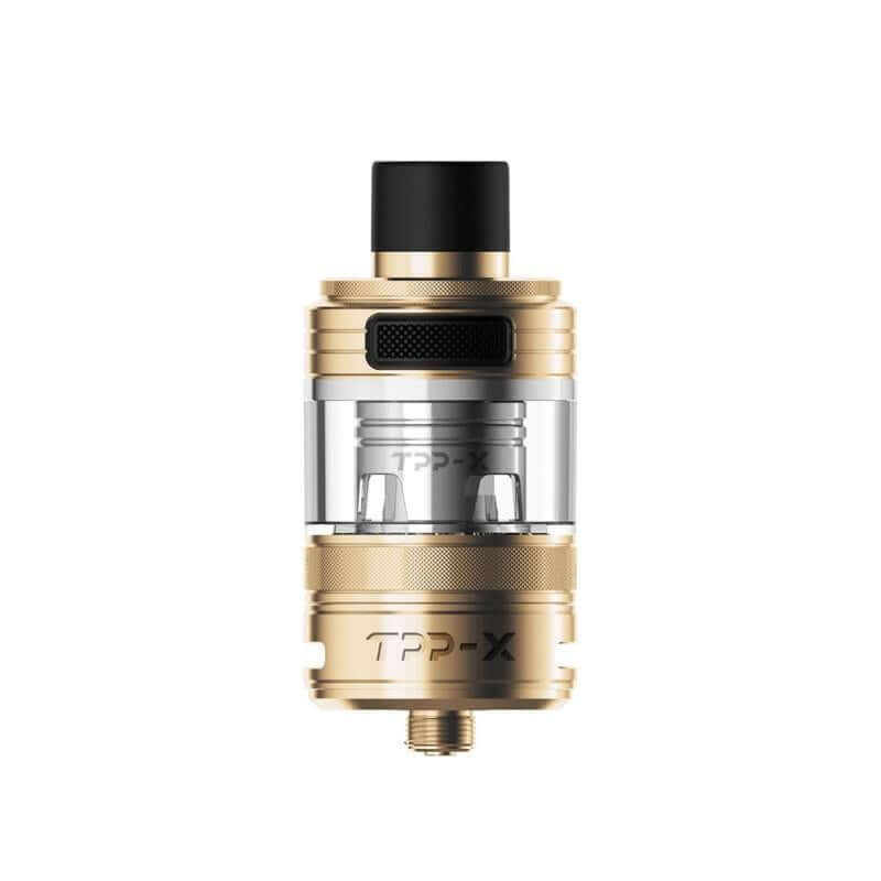 VooPoo TPP-X Pod Tank in gold color with clear glass, featuring a top-fill design and advanced coil technology.