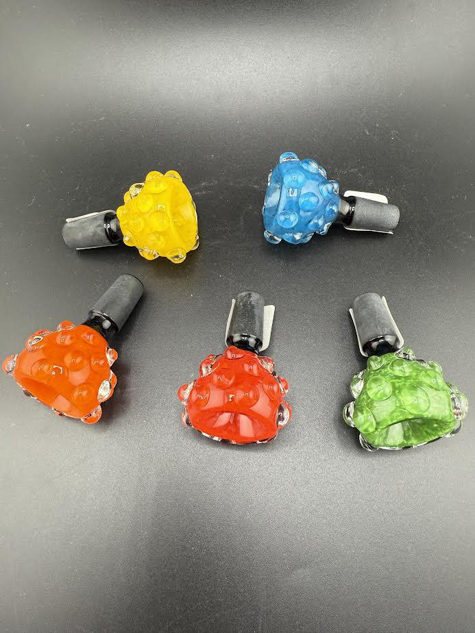 Colorful Hob Knob 14mm bowls in yellow, blue, red, and green, showcasing a vibrant and playful design.