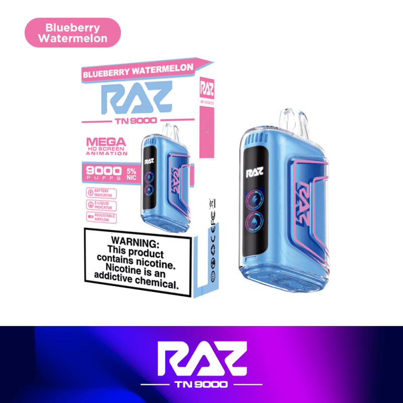 Raz TN9000 Disposable Vape in Blueberry Watermelon flavor with 9000 puffs and 5% nicotine.