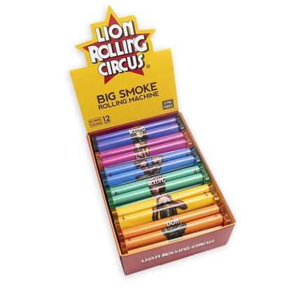 Lion Rolling Circus Big Smoke Rolling Machine display box with 12 colorful rollers for perfect rolling.