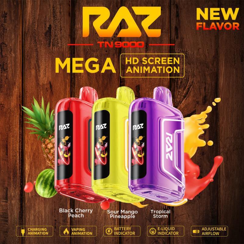 Raz TN9000 Disposable Vape in Black Cherry Peach, Sour Mango Pineapple, and Tropical Storm flavors with HD screen.