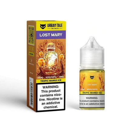 Urban Tale Lost Mary Tropic Mango Ice Nic Salt e-liquid bottle and packaging, showcasing vibrant flavors for vapers.