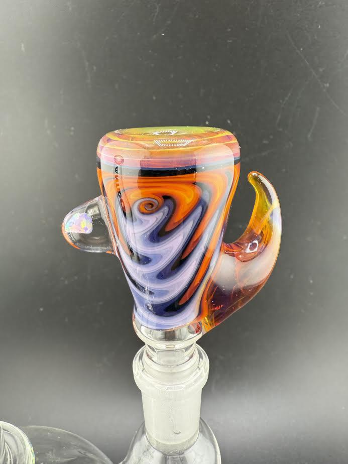 Highgrade Mike Heady Horned Bowl - 14mm with vibrant colors and unique flame-work design.