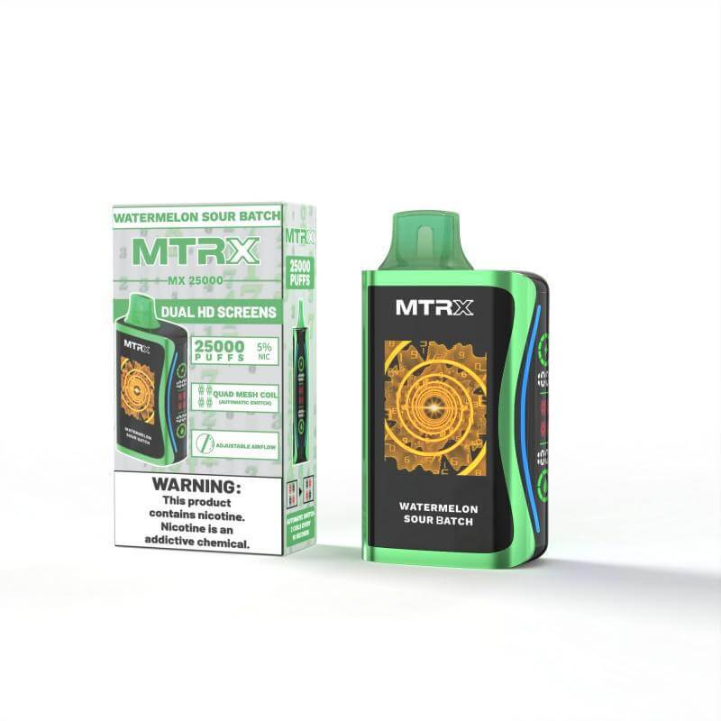 MTRX MX 25k Disposable Vape in Watermelon Sour Batch flavor with packaging, featuring dual HD screens.