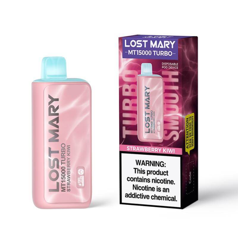 Lost Mary MT15000 Turbo vape device in Strawberry Kiwi flavor with warning label and packaging.