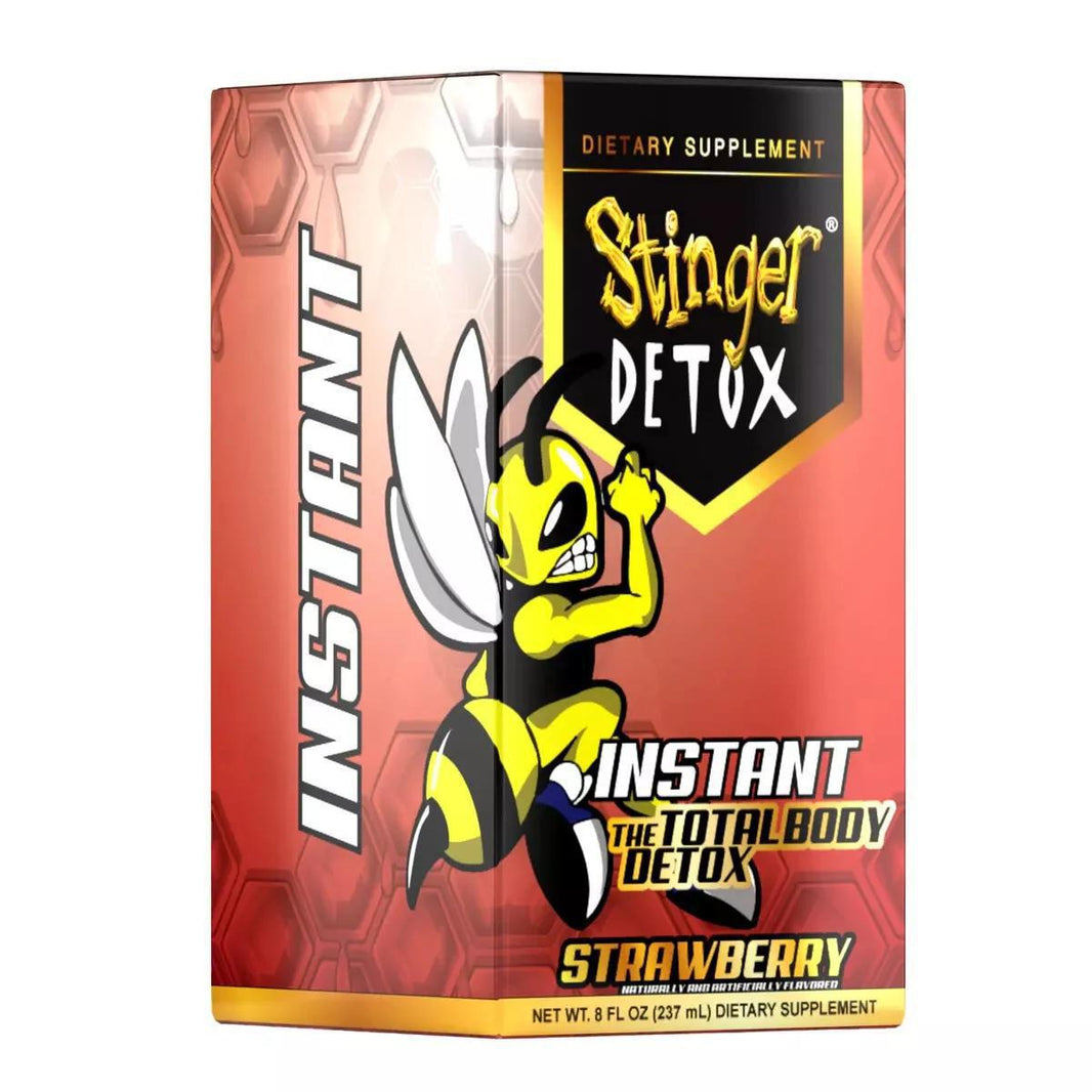 Stinger Detox Instant dietary supplement packaging with strawberry flavor for whole body detoxification.