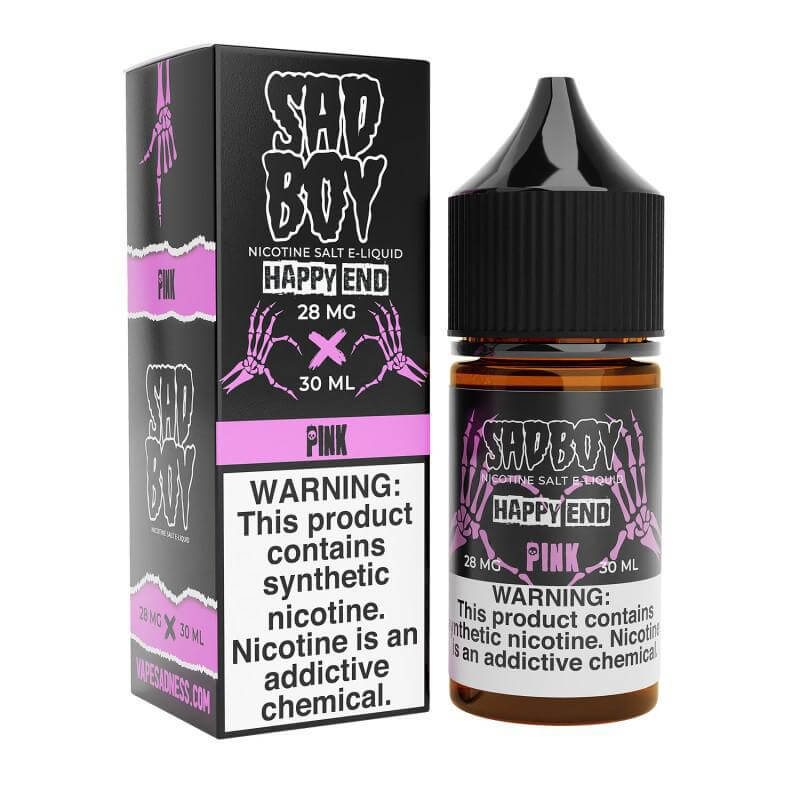 Sad Boy Salt Nic 30ml Happy End e-liquid bottle with pink theme and warning label about nicotine.