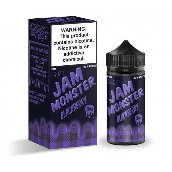 Jam Monster Blackberry 100ml e-liquid bottle and box with warning label about nicotine.