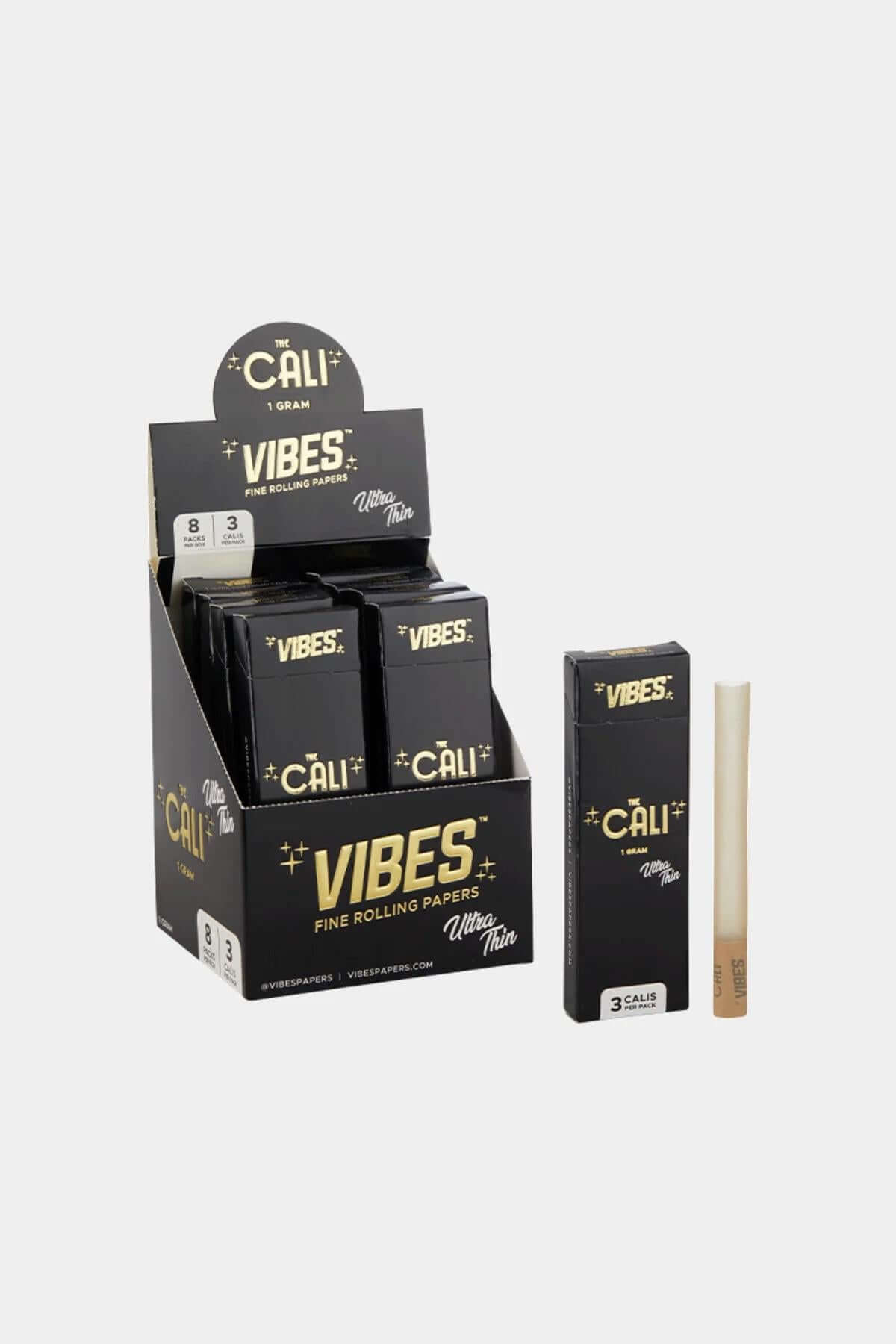 Vibes Cali 1g Cone display box with rice, hemp, and ultra-thin rolling papers for smooth smoking experience.