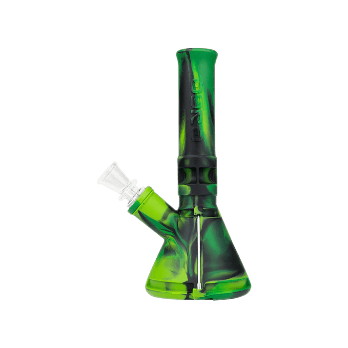 Eyce Mini Beaker in green silicone, compact water pipe with tool holders and ample storage for extra material.