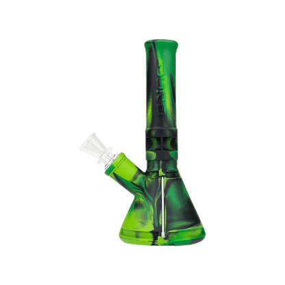 Eyce Mini Beaker in green silicone, compact water pipe with tool holders and ample storage for extra material.