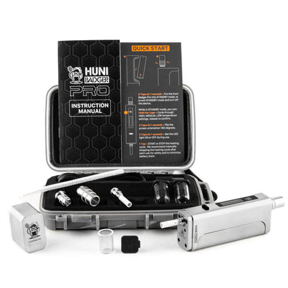 Huni Badger Portable Device Pro with instruction manual and accessories for herbal extracts.