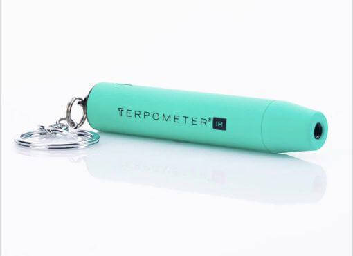 Terpometer IR infrared thermometer in mint green, portable design with keychain, perfect for precise dabbing temperature control.