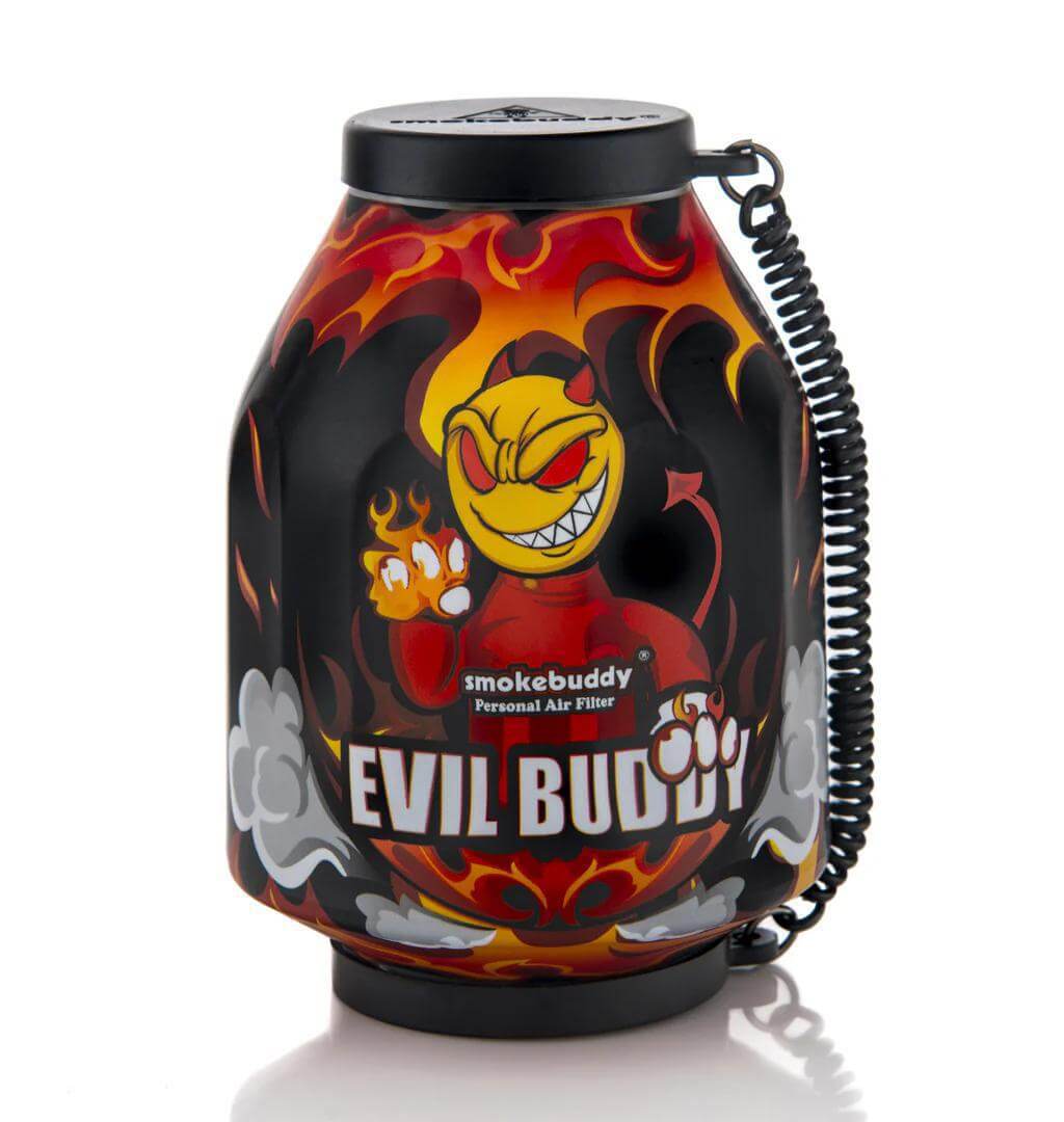 Smokebuddy Evil Buddy personal air filter with cartoon design, travel keychain, and vibrant colors for smoke odor control.