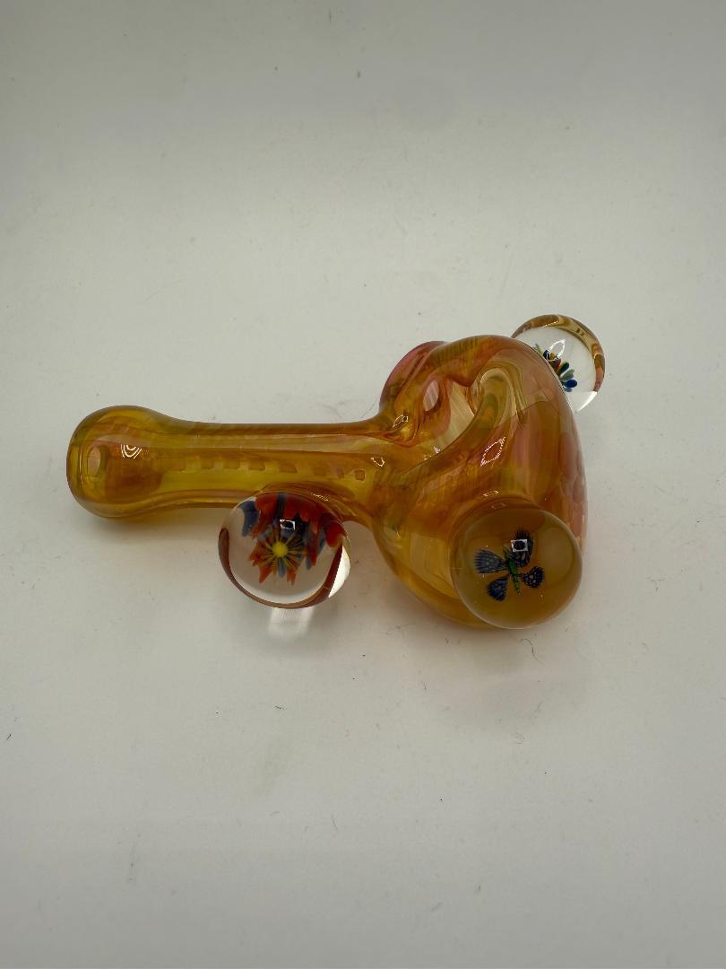 Lylo Glass Heady Fumed Pipe with Flower Marble, handcrafted, color-shifting design, unique smoking accessory.