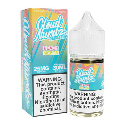 Cloud Nurdz Iced Salt Nicotine e-liquid 30ml, Peach Melon flavor, 25mg synthetic nicotine.