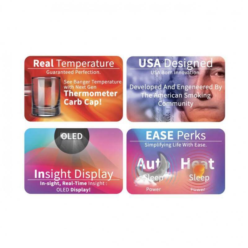 Yocan Heat Vision Thermometer features, including Real Temperature, USA Design, OLED display, and Ease Perks.