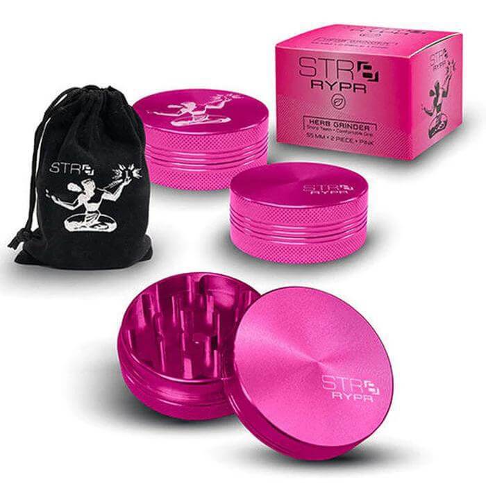 STR8 RYPR 55mm 2pc herb grinder in pink with pouch and packaging, ideal for efficient herb grinding.