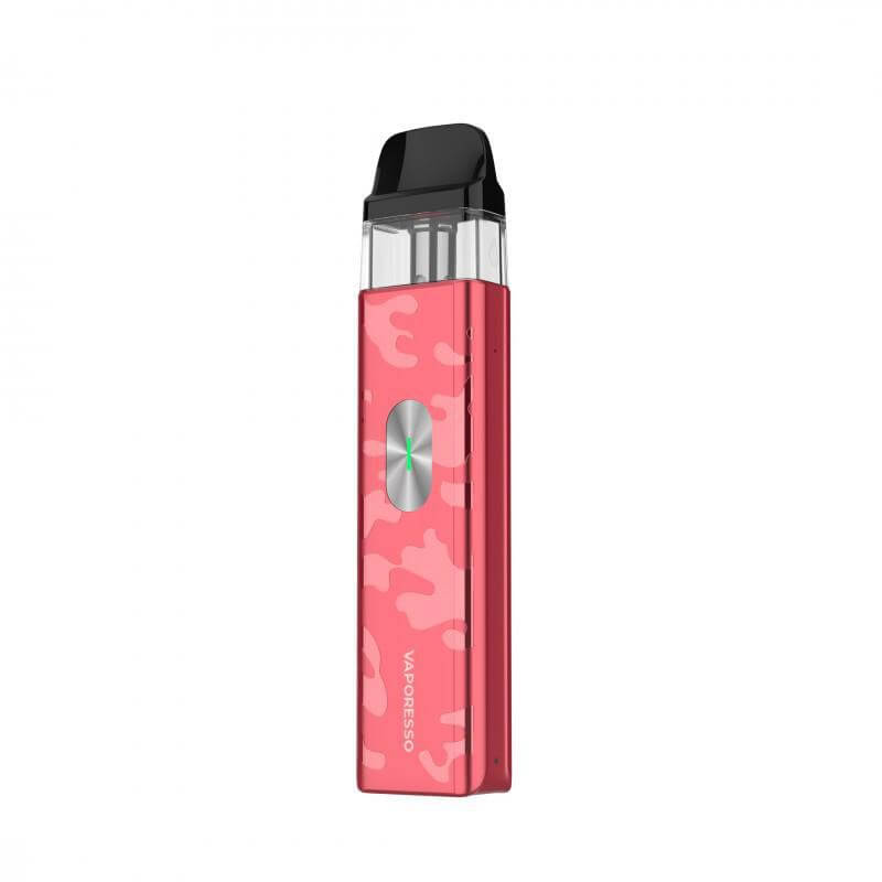Vaporesso XROS 4 Mini in pink camo design, featuring top-filling pod and adjustable airflow for enhanced vaping.