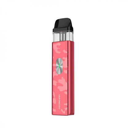 Vaporesso XROS 4 Mini in pink camo design, featuring top-filling pod and adjustable airflow for enhanced vaping.