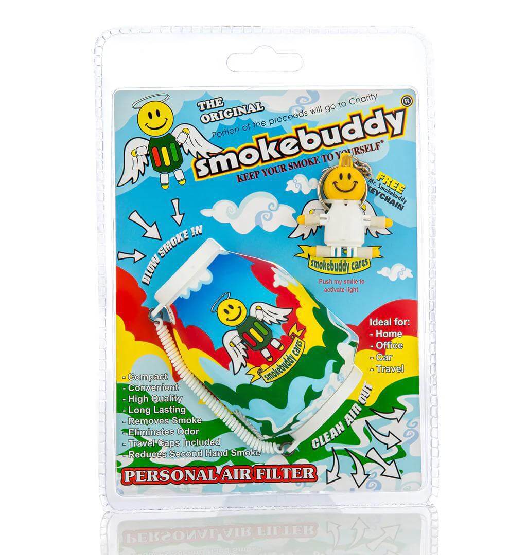 Smokebuddy Original Personal Air Filter in packaging, designed for odorless smoke control and includes keychain and travel caps.