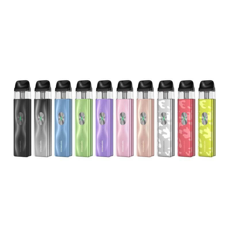 Vaporesso XROS 4 Mini vape devices in various colors showcasing sleek design and adjustable airflow features.