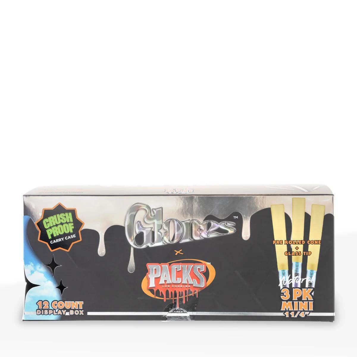 Glones x Packs 1 1/4 Pre-Rolled Cones with glass tips, 3 pack display box, crush proof carry case