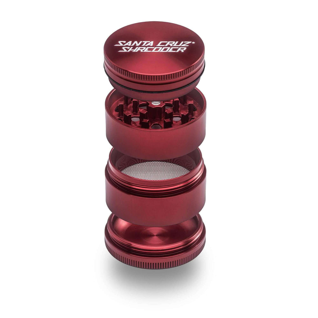 Santa Cruz Shredder 4-Piece Medium Grinder in red, made of anodized aluminum for precision herb grinding.