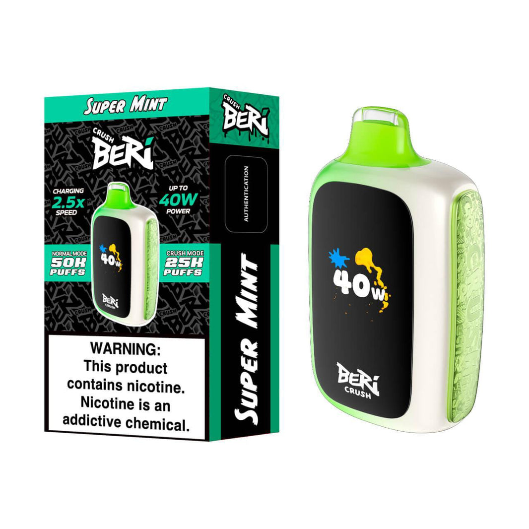 BERI CRUSH Disposable Vape in Super Mint flavor, offering 50,000 puffs and up to 40W power for an intense vaping experience.