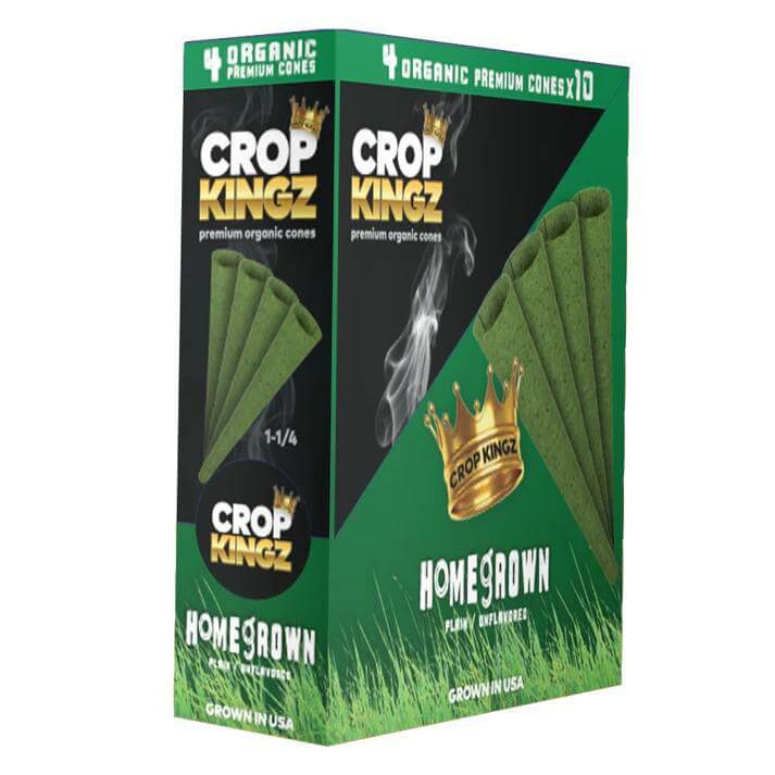 Crop Kingz Organic Hemp Cones 1 1/4 Size box with 4 premium cones for a natural smoking experience.