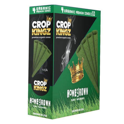 Crop Kingz Organic Hemp Cones 1 1/4 Size box with 4 premium cones for a natural smoking experience.