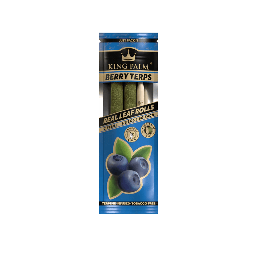 King Palm Berry Terps real leaf rolls pack showcasing 2 slim, tobacco-free rolls infused with berry terpenes.