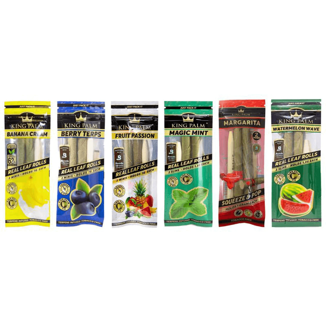 Variety of King Palm flavored hemp wraps including Banana Cream, Berry Terps, Fruit Passion, Magic Mint, Margarita, and Watermelon Wave.