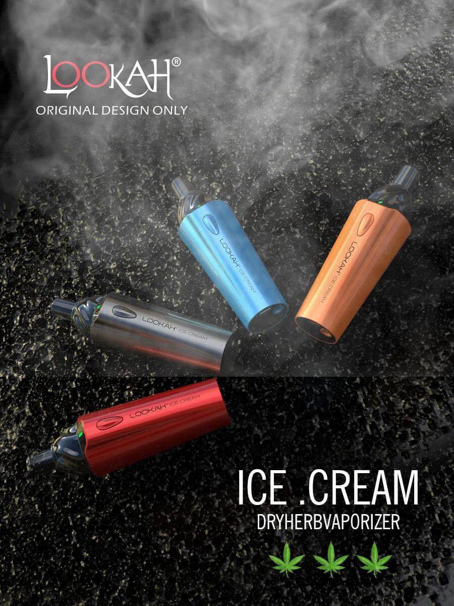 LOOKAH Ice Cream dry herb vaporizers in blue, orange, red, and silver against a smoky background.