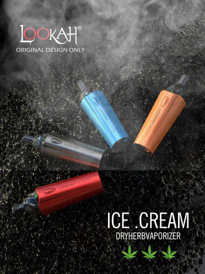 LOOKAH Ice Cream dry herb vaporizers in blue, orange, red, and silver against a smoky background.