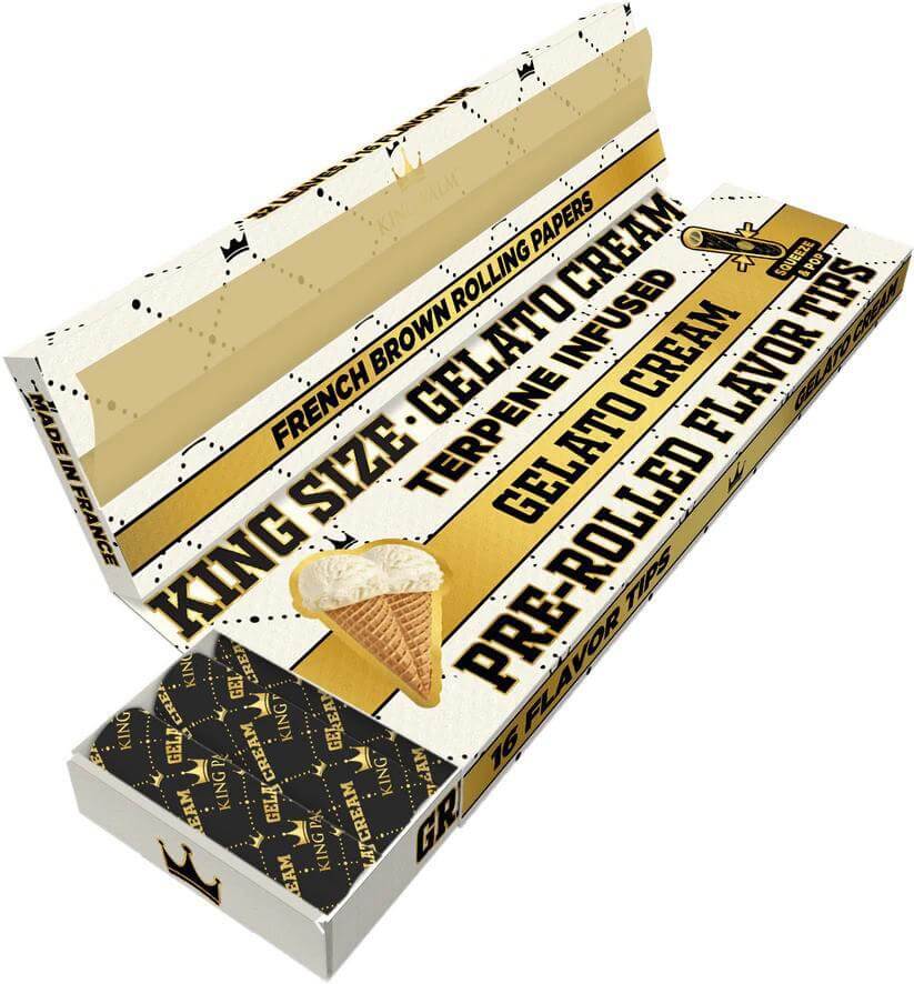 King Palm Gelato Cream flavored rolling papers and tips packaging showcasing French brown fibers and cone design.