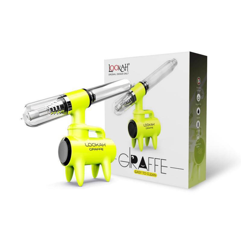 LOOKAH Giraffe electric nectar collector in vibrant yellow with packaging, easy to clean and compatible with LOOKAH coils.