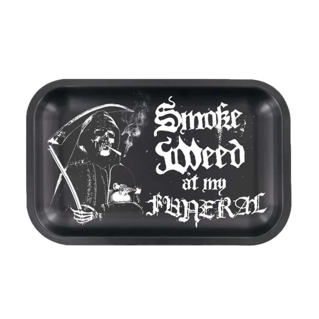 Mini metal rolling tray featuring a grim reaper design with the text 'Smoke Weed at my Funeral'