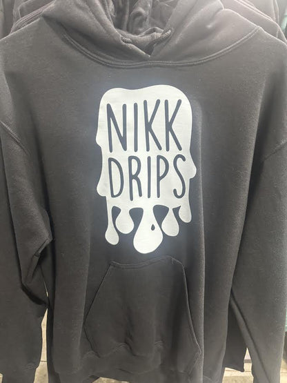 Nikk Drips Hoodie with Vinyl Logo displayed on a black sweatshirt featuring a creative dripping logo design.