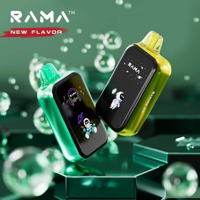 RAMA disposable vape products showcasing new flavors and vibrant designs on a green background.
