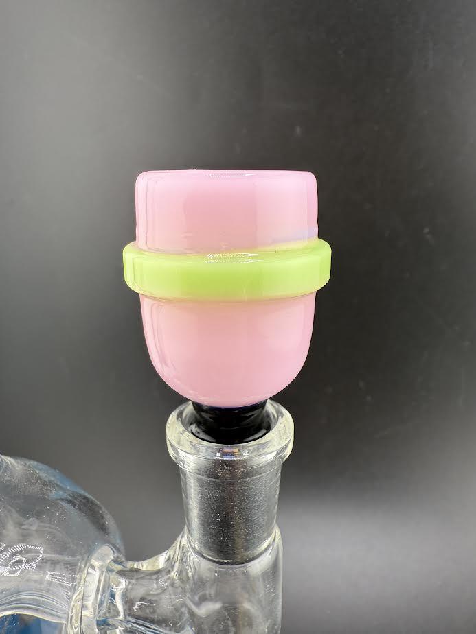 UFO 14mm bowl featuring a pink design with a green ring, ideal for glass water pipes and bong accessories.