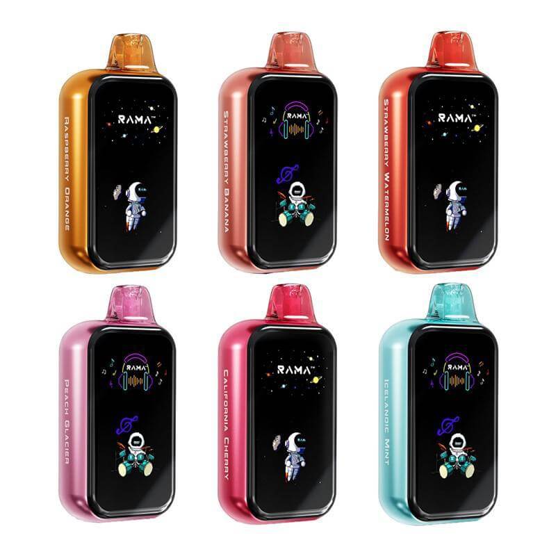 Six RAMA 16000 Disposable Vapes in various flavors including Strawberry Watermelon and California Cherry.